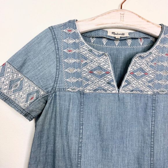 Madewell Short Sleeve Dress Blue Aztec Embroidery Tribal Boho Denim Chambray XS - Picture 6 of 6